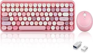 Perixx PERIDUO-713 Wireless Mini Keyboard and Mouse Combo, Retro Round Key Caps, Pastel Pink, US English Layout