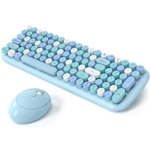 Wireless Keyboard and Mouse Combo, MOWUX - Modern Compact Layout, Colorful Compact Candy Mouse and Retro Round Keyboard Set with Cover, for PC/Laptop/Windows/Mac - Blue Colorful