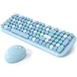 Wireless Keyboard and Mouse Combo, MOWUX - Modern Compact Layout, Colorful Compact Candy Mouse and Retro Round Keyboard Set with Cover, for PC/Laptop/Windows/Mac - Blue Colorful