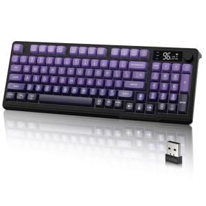 LexonElec M96 Wireless Keyboard, Low Profile Quiet Typing Membrane Gaming Keyboard with Smart Display & Knob, RGB Backlit, USB C Rechargeable, 94 Keys PBT Keycap for Windows PC,Mac,Linux-Grape Purple
