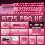 YUNZII RT75 PRO Wireless Gaming Keyboard,Hall Effect Mechanical Rapid Trigger Magnetic Keyboard Bluetooth/USB-C/2.4G 8KHz Polling Rate &128K Scan,RGB Backlit,TGL/SOCD/DKS/MT (Pink, Outemu Red Switch)