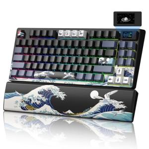 Womier 75% Wireless Mechanical Keyboard with Color Multimedia Screen Anime Gaming Creamy Keyboard, 3-Modes Hot Swappable Kanagawa Theme Key Board w/Wrist Rest, Gasket RGB Custom for Mac/Win (SK80 PRO)