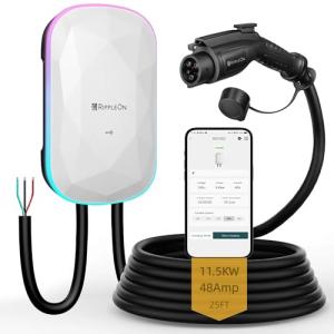 RIPPLEON Level 2 EV Charger 48 Amp 11.5KW J1772 Hardwired 240V Home Electric Car Charger Smart WiFi Enabled Electric Vehicle Charging Station ETL FCC EnergyStar Certified with 25ft Cable White
