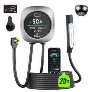RhEVchar 50A Level 2 Tesla EV Charger with NACS Connector, Smart App Control, Large Display, RFID Access, 14-50 Plug, 25FT Cable – Electric Vehicle Home Wall Charging Station for All Tesla