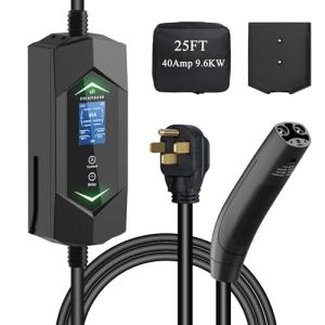 Level 2 Ev Charger for Tesla,NACS Ev Charger with 25ft ETL Listed Cord,6A-40A Adjustable Amp,40A 9.6KW Fast Charging(110v-240v),NEMA 14-50 Plug,IP66 Waterproof Delay Timer LCD Display