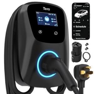 Tera for Tesla EV Charger Level 2 J1772: ETL Energy Star 48A Adjustable 240V - with Manual Setting Amps & Schedule on Unit - NEMA 14-50 25FT Extra Long Charging Cable IP65 W01