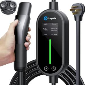 Ecogenix Level 2 Tesla Charger, 32A/7.68KW Tesla Mobile Charger with LCD Display, 240V NEMA 14-50 Plug, 25ft Cable, Adjustable Current & Time, Portable Home Charger for Model Y/3/X/S/Cybertruck
