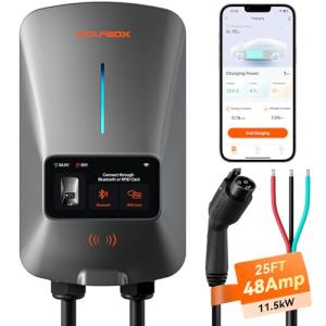 WOLFBOX Level 2 EV Charger 48 Amp - Smart Display, RFID Card, 25ft Cable, Outdoor/Indoor, Hardwired EV Charger Level 2, WiFi Enabled Electric Car Charger, 240V Electric Vehicle Charging Stations