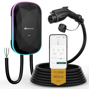 RIPPLEON Level 2 EV Charger 48 Amp 11.5KW J1772 Hardwired 240V Home Electric Car Charger Smart WiFi Enabled Electric Vehicle Charging Station ETL FCC EnergyStar Certified with 25ft Cable Black