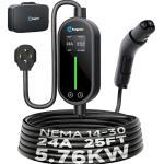 Ecogenix Level 2 Tesla Home Charger, 24A/240v Dryer Outlet Portable Mobile Charging Cable for Model 3/Y/S/X, Adjustable Amps, Apartment-Friendly, 25ft Tesla Universal Connector with NEMA 14-30 Plug