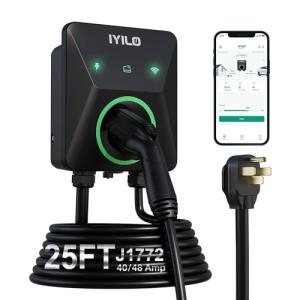 IYILO Level 2 EV Charger 240V 40A NEMA 14-50P (Default), Max 48A via Hardwire Electric Vehicle Charging Station, Dual Temp Sensors in Plug & Connector for EV Safety, J1772, WiFi, ETL, 25' Cable, RFID