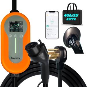 Traenvir Portable EV Charger Level 2, 40Amp EV Charger for All SAE J1772 EVs, 240V 9.6KW Electric Vehicle Charging Stations with NEMA 14-50 Plug, Smart App Control for Adjustable Current, 25FT Cable