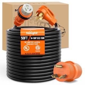 Nilight 50 Amp 50FT RV Locking Extension Cord with Adapter 30Amp to 50Amp 250V Heavy Duty 6/3+8/1 Gauge Pure Copper STW Wire ETL Listed 4 Prong 14-50P SS2-50R 50F/50M Cable Suit for Campers Caravan