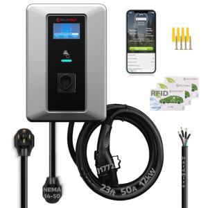 Splitvolt Level 2 Smart EV Charging Station - Connected, Adjustable 12kW, Display, Scheduling, RFID, NEMA 14-50, J1772, OCPP Compatible, Outdoor Rated, 23ft