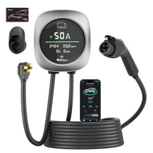RhEVchar Level 2 EV Charger 50 Amps Smart Motion Sensor Screen Electric Car Charger for Home with WiFi, RFID, 240V, NEMA 14-50 Plug or Hardwire, 25FT Cable APP Controlled Vehicle Chargers for All EVs