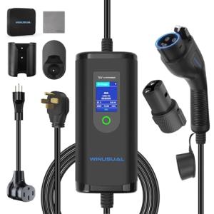 WINUSUAL 40 amp EV Charger Level 2 & 1 Portable EV Charging Station with 25FT Cable, 240V, NEMA 14-50 Plug with SAE J1772 Fast Charging for Indoor/Outdoor(with Tesla Adapter & NEMA 5-15 Plug)