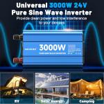 3000 Watt Pure Sine Wave Power Inverter 24V DC to 110V 120V Converter for Home, RV and Off-Grid Solar Systems with 3 AC Outlets, Dual USB Ports, LCD Display and Remote Control