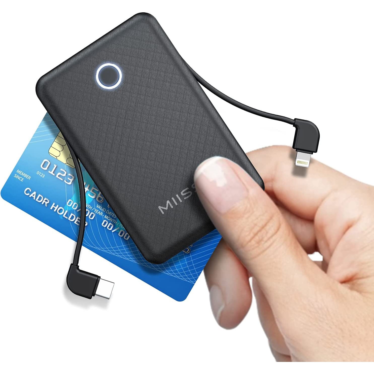 Mini Power Bank with Built-In Cable - Black