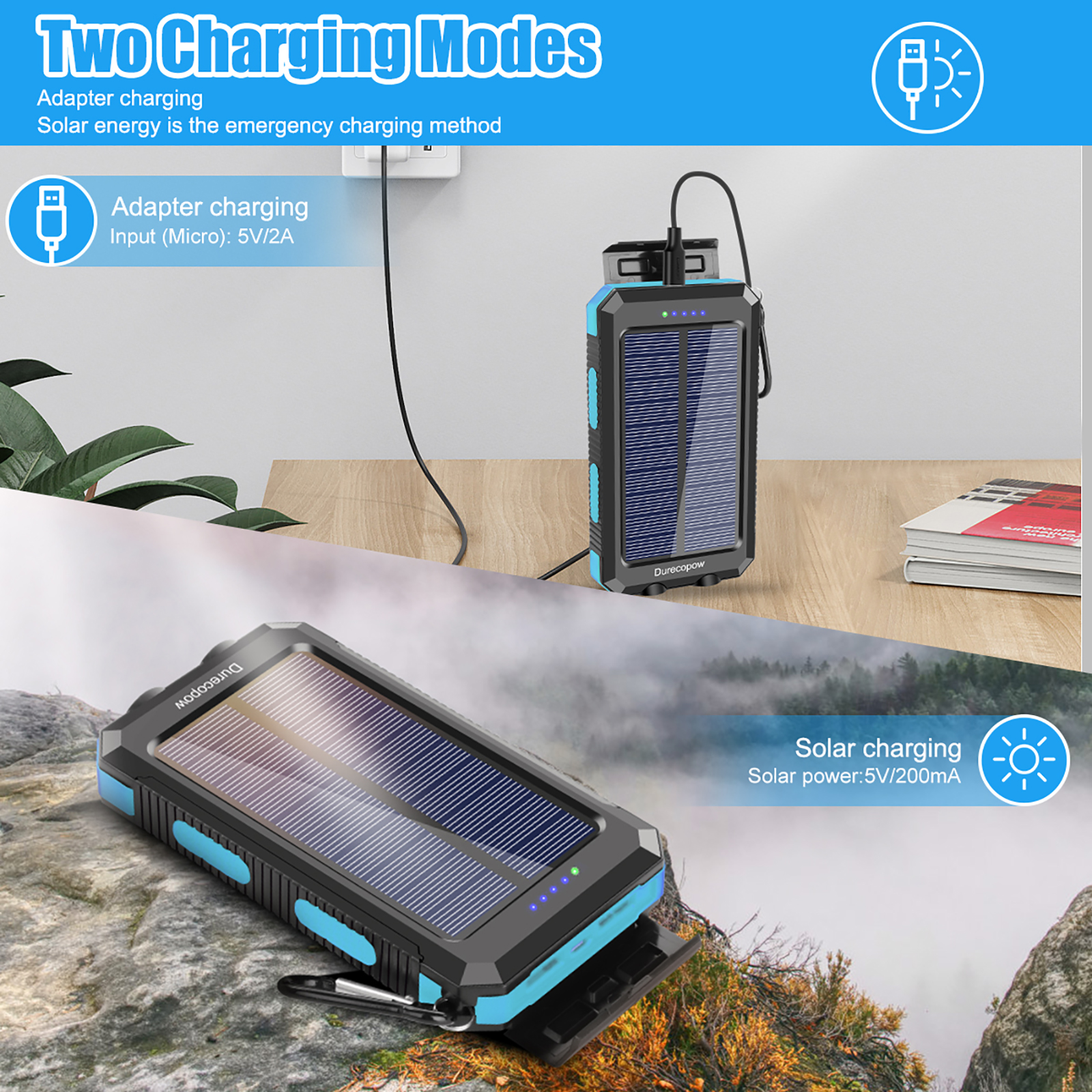 Solar Power Bank with Dual USB Ports, LED Light