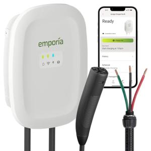 EMPORIA Level 2 EV Charger w/NACS, Compatible with Tesla - 48 amp Electric Car Charger, Preconfigured for Hardwired Install with Whip, UL/Energy Star WiFi-Enabled EVSE, 24ft Cable, White