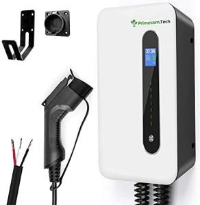 PRIMECOM 40 / 32Amp Smart Electric Vehicle EV Wall Charging Station - Level 2 EVSE- 220/240 Volt- 40/32 Amp Electric Car Charger, Plug-in 30 ft Wall-Charger (40AMP 30FT HARDWIRE)