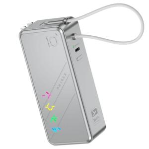 PHYSCE Eco RGB 3-in-1 Power Bank 10K, 9,600mAh 30W Portable Charger, Built-in USB-C Cable and Foldable Plug, Fast Charging Battery Pack, Travel Essential for iPhone 16/15, MacBook (Starlight Silver)