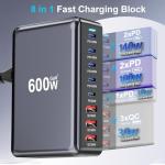 600W USB C Fast Charger Block, 8 Port USB Charging Station, GaN Ⅲ Pro Double 140W Port Charging Station for Multiple Devices,Laptop Wall Charger Compatible with DELL, MacBook,iPhone 17,Galaxy S24