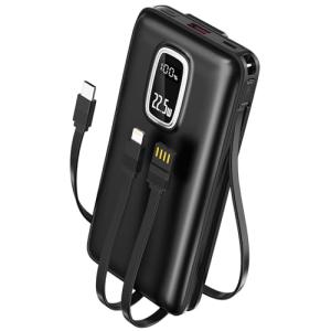 DXUN Portable Charger Power Bank - 22.5W Fast Charging 45800mAh Portable Phone Charger with Built in Cables,External Battery Pack USB C Out/Input for iPhone 16/15/14 Series,Galaxy,Tablet, etc.(Black)