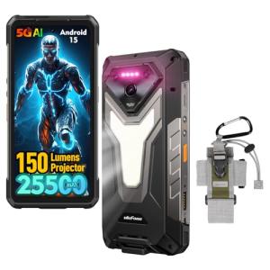 Ulefone Armor 34 Pro 5G Rugged Phone Unlocked with 150 Lumens Projector, 32GB+512GB ROM/2TB, 25500mAh 66W, Android 15, 6.95" 120Hz, 64MP+50MP+50MP 32MP, 1100LM LED Light/Waterproof/NFC/Widevine L1