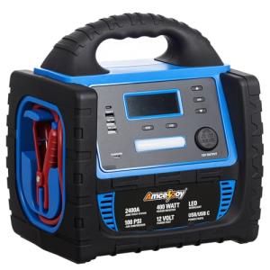 Amcelooy 2400A Car Battery Jump Starter and Portable Power Station – Starts 8.0L Gas & 8.0L Diesel – 6-in-1 Jump Starter with Air Compressor 100 PSI Tire Inflator – 400 Watt Inverter AC/DC/USB Outlets