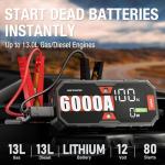 JFEGWO 6000A Jump Starte, 12V Car Booster Pack, for 13L Gas or 13L Diesel car Battery Portable Jump Starter, 24000mAh Battery Jumper Starter, 48-Months Stand-by