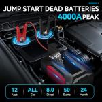 Jump Starter with Air Compressor,4000A Portable Car Battery Jump Starter (10L Gas/8.5L Diesel), 12V Battery Charger Booster,150PSI Auto-Shutoff Tire Inflator,Portable Jumper Cables, LED Light - Black