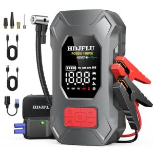 HDJFLU 7500A Jump Starter with 180PSI Air Compressor, 65W Fast Charge, 24000mAh Portable Car Battery Jump Starter, 12V Tire Inflator(All Gas & 10L Diesel), Cigarette Lighter, Jumper Cables, LED Light