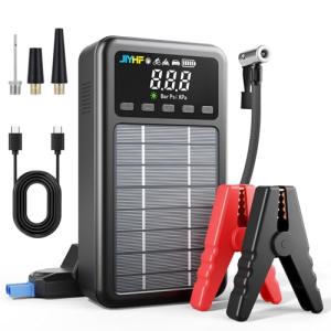 JIYHF 3000A Jump Starter with Air Compressor 150PSI Tire Inflator-12V Battery 8.0L Gasoline and 6.0L Diesel Engines, Portable Car Battery Jump Starter with Solar Panel and PD 45W Fast Charge (Gray)