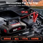 OUTLEV Jump Starter with Air Compressor for All Gas & 10.0L Diesel Engines, 6000A Jump Starter Battery Pack, Portable Power Bank, Safety Protection, Self-Driving Tour Essential