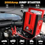 2000A 12V Solar Car Battery Jump Starter-20000 mAh Portable Power Station with 100 PSI Faster Air Compressor, 400W Inverter AC/DC/USB Ports and LED Lights, for Up to 10L Gas and 8.5L Diesel Engine