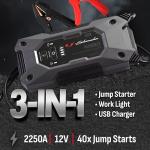 Schumacher Electric 2250A Rugged Lithium Car Battery Jump Starter and Portable Power Pack/Jump Box, 3-in-1 Solution, 2.4A USB Charging, for 12V Power Sport, Automotive, and Marine Batteries, SL1654