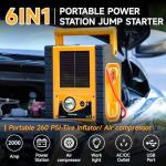 2000A Car Jump Starter with Air Compressor,5W Solar Panel Portable Power Station,Tire Inflator 260PSI,Car Battery Charger with 400W Inverter Dual AC/DC/USB Output,12V Battery Pack Jump Box