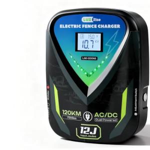 Luzrise 12J Electric Fence Charger AC DC 2 in 1 Powered Supply Fence Controller Fence Energizer Electric, IPX6 Level Waterproof, Peak Voltage 10KV, Max 120KM Range for Livestock/Farmland/Garden (12J)