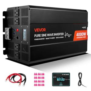 VEVOR 4000W Power Inverter, 12V DC to 120V AC Pure Sine Wave Inverter, Solar Car Charger Converter with LCD Display, Remote Control, 2 USB Ports, 4 AC Outlets, Type-C Port, for RV, Truck Outdoor