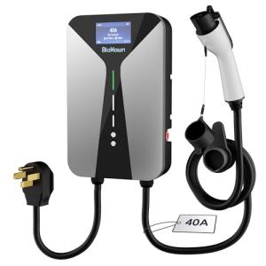 BiaHawn Level 2 EV Charger for Home(40Amp, 240V, NEMA 14-50P) with 4.3" LCD Screen, Electric Car Charger 9.6kW, 26 ft Cable and Wall Holder, Scheduled Charging, SAE-J1772 Connector