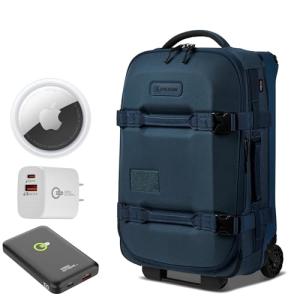 Pelican Aegis Luggage - Carry On Duffel Bag with Wheels - 22 Inch Carry On Bag + Travel Bundle, Air Tag, Wireless Portable P-Bank, 20W 2-Port USB-C/A Wall Charger (Indigo Blue)