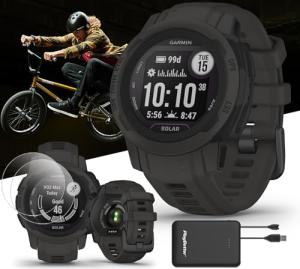 Garmin Instinct 2S Solar (Graphite) Rugged GPS Smartwatch Bundle - Outdoor Watch with Multi GNSS, Compass, Heart Rate, S/M, 40mm - Includes PlayBetter Screen Protectors & Portable Charger