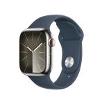 Apple Watch Series 9 [GPS + Cellular 41mm] Smartwatch with Silver Stainless Steel Case with Storm Blue Sport Band M/L. Fitness Tracker, ECG Apps, Always-On Retina Display