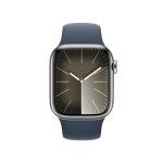 Apple Watch Series 9 [GPS + Cellular 41mm] Smartwatch with Silver Stainless Steel Case with Storm Blue Sport Band M/L. Fitness Tracker, ECG Apps, Always-On Retina Display