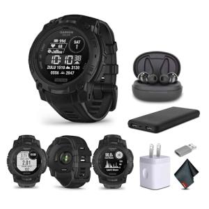Garmin Instinct 3 Tactical Edition, Solar Charged 45mm Display, Outdoor Rugged GPS Smartwatch Bundle with USB Wall Charger + Microfiber Cleaning Cloth + More