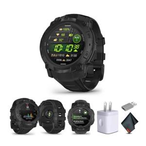 Garmin Instinct 3 Tactical Edition AMOLED 50mm Display, Rugged Outdoor GPS Smartwatch Bundle with USB Wall Charger + Microfiber Cleaning Cloth