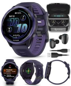 Garmin Forerunner 570 47mm Advanced GPS Running & Triathlon Smartwatch, AMOLED Display, Training & Recovery, Indigo Aluminum w/Translucent Imperial Purple/Indigo Band w/ Wearable4U BLK Earbuds Bundle