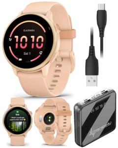 Wearable4U Garmin Vivoactive 6 - Health & Wellness Smartwatch, 1.2 in Bright AMOLED, Fitness & GPS Sports Tracking, Up to 11 Days of Battery, Metallic Pink Dawn & Pink Dawn Band w PowerBank Bundle