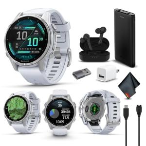 Garmin Fenix 8 43MM AMOLED Premium Multisport GPS Smartwatch Silver with Whitestone Silicone Band, Built-in LED Flashlight, Fitness & Health Smart Watch Bundle for Men & Women